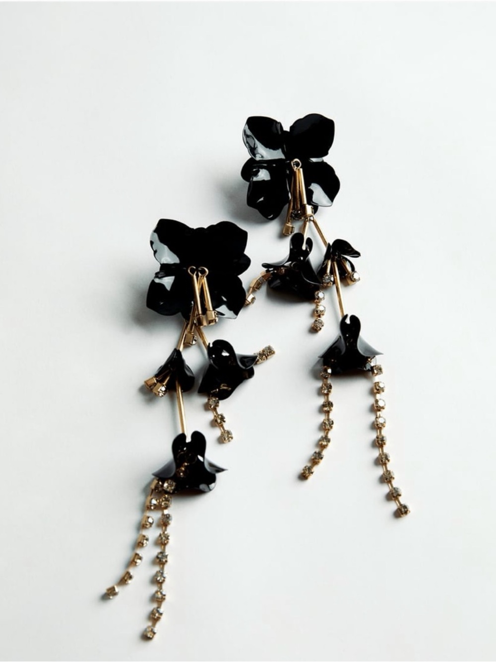 Zara Gold Tone Chain Crystal Long Drop Black JEWEL FLORAL EARRINGS Brand New